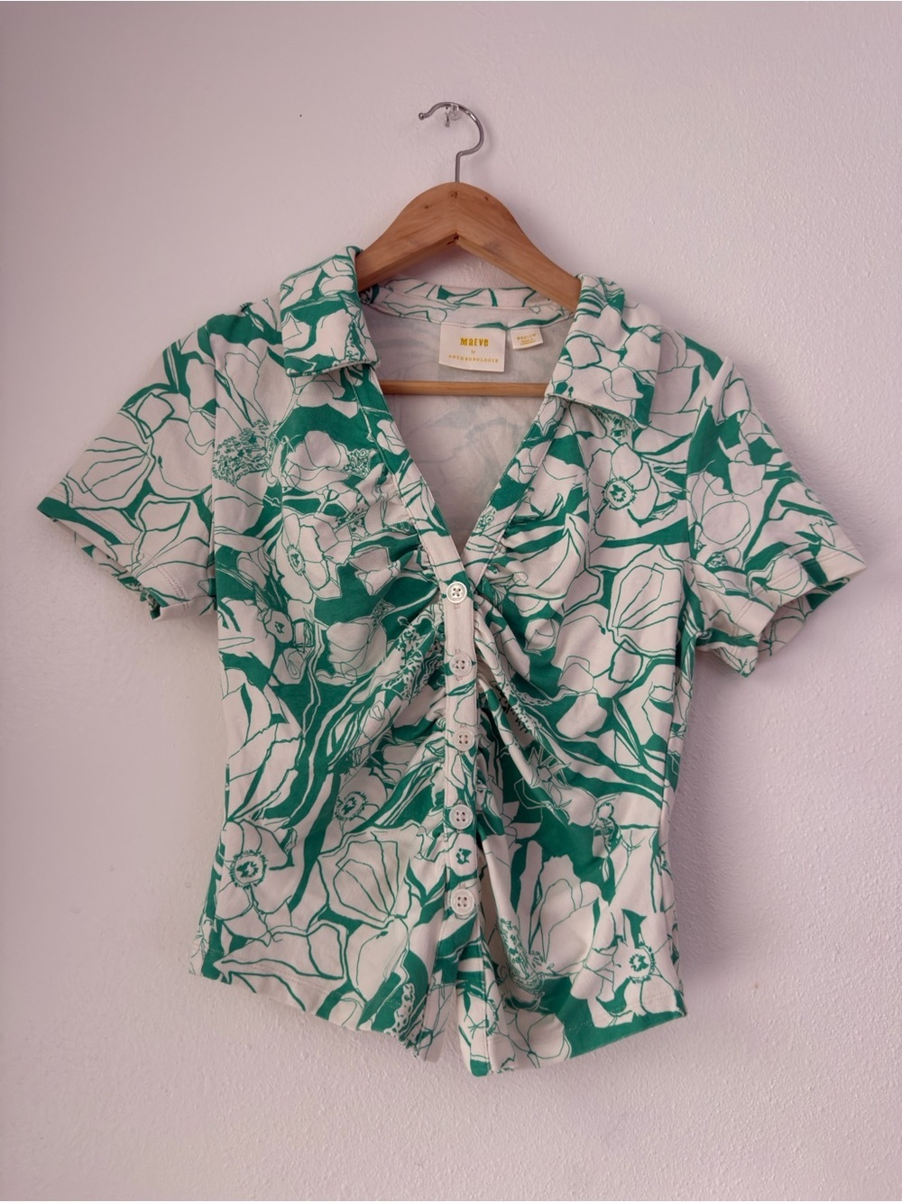 Maeve Anthropologie Ruched Floral Button Top Women's M Green White Fitted Blouse